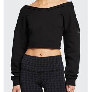 Alo Yoga Prima Off Shoulder Cropped Oversized Sweat Shirt Black medium